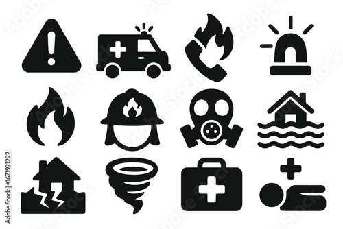 Emergency solid icon set. Crisis, disaster, and safety symbols. Vector collection including fire, flood, earthquake, tornado, ambulance, firefighter, and first aid icons.