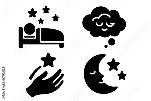 Cosmic dreams solid glyph icon set. Sleep and fantasy concept. Sleeping in bed under stars, dream cloud, wish upon a star, and moon. Celestial vector illustration.