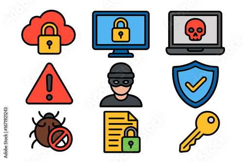 Digital Security Concepts Illustration with Diverse Cybersecurity Icons Representing Threats, Protection, Hacking, Malware, Encryption, and Data Safety in Cartoon Style with Transparent Background