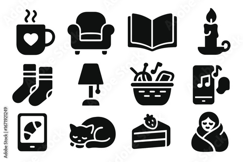 Cozy lifestyle silhouette icons set. Solid comfort and leisure symbols. Hygge concept vector elements. Home relaxation, winter season, stay home activities pictogram collection.