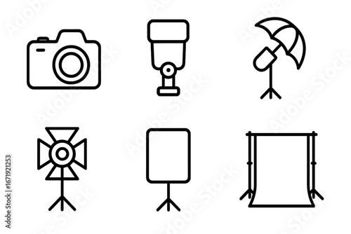 Photography equipment outline icon set, professional camera, lighting tools, studio gear collection, vector cartoon illustration with transparent background, ordered icons set
