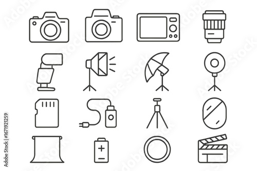 Photography equipment outline icon set with cameras, lighting, studio tools, lenses, and accessories in vector cartoon illustration, transparent background, ordered collection