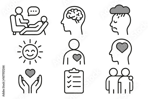Mental health icon set for psychology, therapy, and wellness. Concepts include brain, depression, happiness, support, self-care, and treatment plan. Vector line art collection.