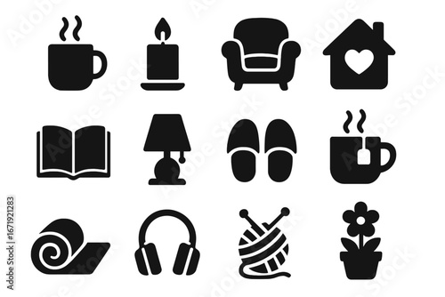 Cozy lifestyle silhouette icons set. Hygge concept symbols. Home comfort, leisure, and relaxation elements collection. Vector glyphs for stay home activities and hobbies.