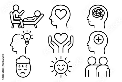 Mental health icon set. Psychology, therapy, and wellness concepts. Brain, anxiety, tangled thoughts, depression, support, love, positive thinking. Psychotherapy line symbols.