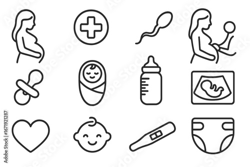 Pregnancy and Maternity Icon Set, Healthcare and Baby Care Symbols, Line Art Collection, Newborn, Ultrasound, Feeding Bottle, Diaper, Pacifier, Baby Face, Heart, Fertility, Family Health Vector