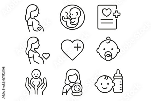 Pregnancy and Maternity Line Icon Set, Health and Wellness Parenting Outline Collection, Vector Cartoon Illustration, Mother and Baby Care Symbols, Transparent Background