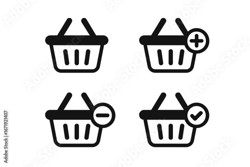 Shopping basket vector icon set for e-commerce. Minimalist symbols for online store UI. Add, remove, and confirm purchase buttons. Web design elements for user interface.