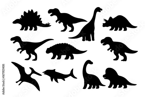 Dinosaur silhouette icon set, prehistoric fossil extinct creatures, dinosaur vector cartoon illustration collection with transparent background, ordered dinosaur set 3