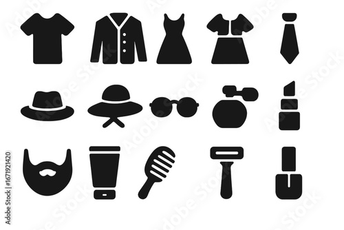 Fashion and grooming glyph icon set. Style and beauty essentials symbols. Vector silhouette collection of clothes, cosmetics, accessories, shirt, dress, hat, lipstick, razor.