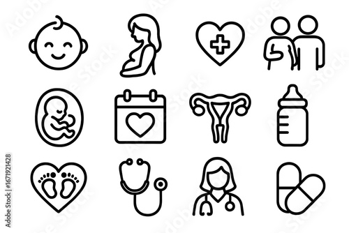 Pregnancy and Maternity Line Icon Set Baby Health Family Symbols Collection Vector Cartoon Illustration Medical Care Fertility Maternal Newborn Nutrition Support