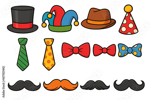 Collection of Cartoon Hats, Ties, Bow Ties, and Mustaches in Various Styles for Parties, Costumes, and Fun Occasions - Colorful Vector Illustration