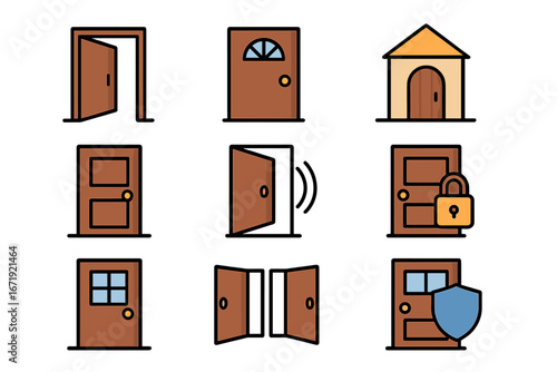 Door and Entrance Icon Set, Gateway and Home Security Vector Symbols, Cartoon Style Illustrated Doors with Locks, Shields, and Openings for Security and Home Design Projects