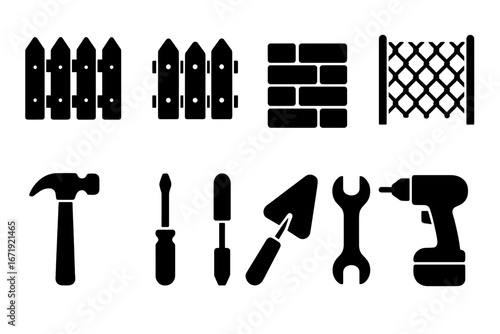 Fence and construction icons set. Solid silhouette vector symbols for building and repair. Home improvement and DIY tools like hammer, drill, trowel, and wrench. Brick wall.