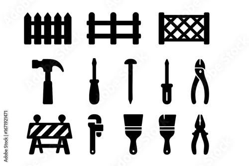 Construction tools icon set. Solid silhouette glyph collection of building and repair equipment. Fence, hammer, screwdriver, wrench, pliers for carpentry and home improvement.