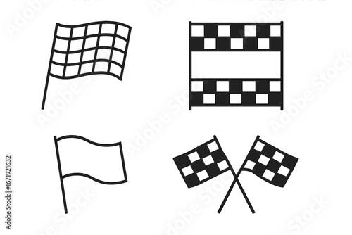 Racing Flags Line Icon Set, Motorsport Finish Line Symbols, Linear Style Vector Cartoon Illustration with Transparent Background, Complete Set of 4