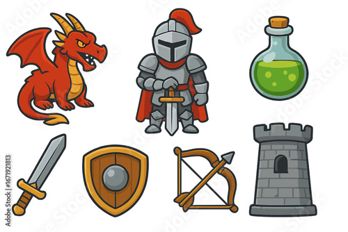 Fantasy game vector icons set featuring fierce dragon, medieval knight in armor, magic potion bottle, sharp sword, wooden shield, arrow bow, and stone tower cartoon illustration
