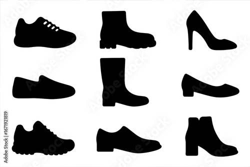 Footwear silhouette icon set. Big collection of shoe icons. Sneaker, boot, high heel, pump, loafer, running shoe. Fashion footwear graphic elements. Vector illustration.