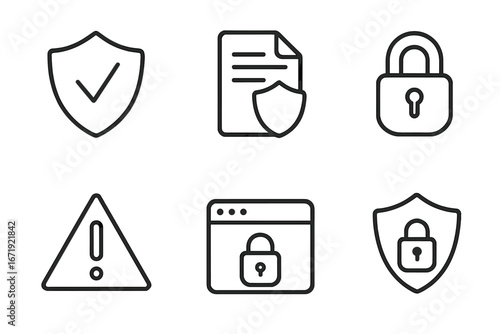 Security essentials line icon set with protection symbols, document safety shields, lock icons, warning signs, secure browser and shield padlock designs in clean linear style