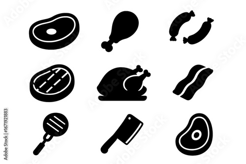 Food meat silhouette icon set, cooking and steak graphics in black silhouette style, vector cartoon illustration with transparent background, ordered meat collection