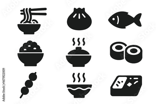 Asian Food Icon Set with Traditional Cuisine Symbols, Noodles, Fish, Rice, Sushi, Dumplings, Skewers, and Hot Dishes, Vector Solid Black Icons Collection
