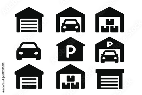 Garage and storage silhouette icon set. Vehicle, car parking, and warehouse icons collection. Automotive service, repair shop, and logistics symbols. Vector pictograms.