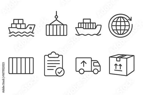 Shipping and logistics linear icon set, maritime container shipping symbols, outline style vector cartoon illustration, transparent background, ordered set 3 for transport and delivery concepts