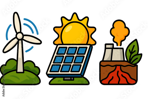 Vibrant Vector Illustration of Sustainable Energy Symbols Featuring Wind Turbine, Solar Panel with Sun, and Geothermal Power Plant with Green Elements