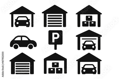 Garage and storage silhouette icon set. Vehicle parking and warehouse icons collection. Vector illustration of car, boxes, parking sign. Automotive, property, and building symbols.
