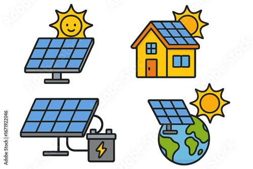 Solar energy icons. Renewable green power concept. Photovoltaic panel, battery storage system, house with solar cells on roof, and global eco energy. Clean technology vector.
