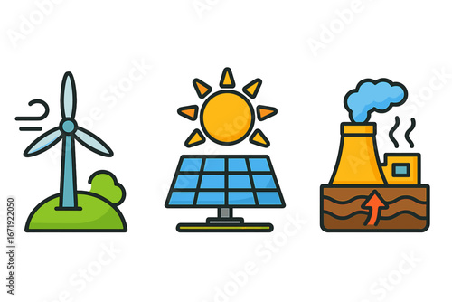 Colorful vector illustration of sustainable energy symbols featuring wind turbine, solar panel with sun, and geothermal power plant in cartoon style with transparent background