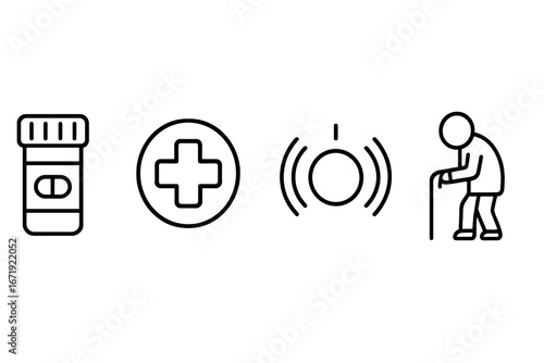 Elderly care outline icon set. Senior assistance, nursing home and retirement concept. Vector icons of pill bottle, medical cross, emergency alert button and old person.