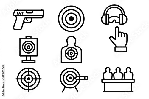 Shooting range icon set with firearms, target practice, safety equipment, shooting sports symbols, ear protection, bullseye, training silhouettes, vector line art collection