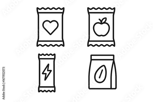 Snack packaging line icon set with healthy and energy snacks illustration collection, vector cartoon style with transparent background, ordered set for food and lifestyle designs