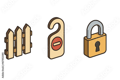 Emotional boundaries icon set. Personal space, self-care, and mental health concept. Vector isometric illustration of a picket fence, do not disturb sign, and padlock symbol.