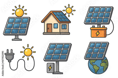 Solar energy icon set. Renewable green power concept. Sun and solar panels for home and global use. Clean electricity technology. Vector illustration, battery storage, earth.