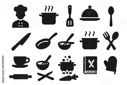 Food and cooking silhouette icon set, culinary chef and meal preparation icons, kitchen utensils and cookware vector cartoon illustration on transparent background, ordered collection 2
