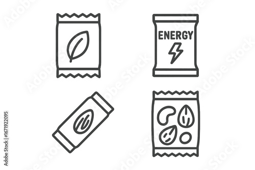 Snack Packaging Line Icon Set with Healthy and Energy Snacks, Vector Cartoon Illustration of Nut and Leaf Symbols, Transparent Background, Ordered Set for Food and Nutrition Design