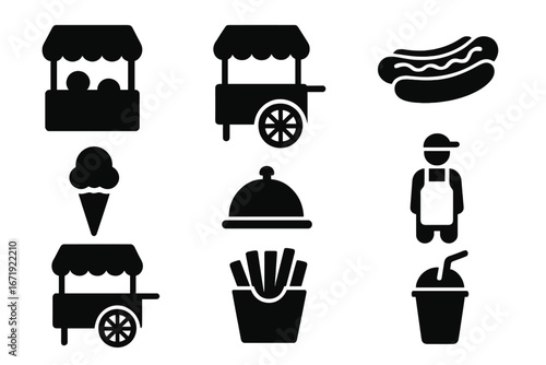 Food and street vendor solid icon set, market and cart silhouette graphics, vector cartoon illustration with transparent background, ice cream, hot dog, fries, drink, vendor