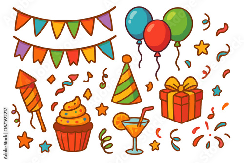 Festive decorations and celebration symbols in vibrant colors for parties and events. Vector cartoon illustration with balloons, cupcake, gift, party hat, cocktail, and confetti