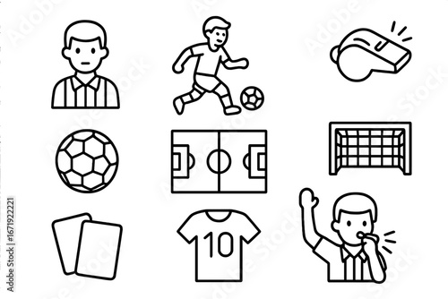 Soccer and Sports outline icon set with referee, player, whistle, ball, field, goal, cards, and jersey vector cartoon collection with transparent background