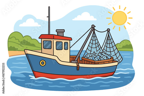 Cartoon fishing boat sails calm blue waters with full fish catch in nets on deck under bright sunny sky by green shore, vector illustration with transparent background