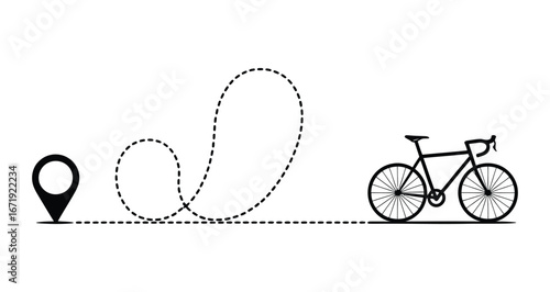 Minimalist black and white illustration of a bicycle journey with location pin and winding path, symbolizing travel, adventure, and movement