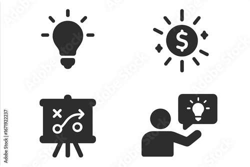 Entrepreneurship solid icon set. Business idea and startup concept. Lightbulb for innovation. Money for funding and profit. Strategy board for planning. Pitching a new idea.