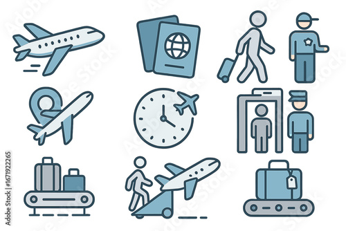 Airport and air travel icon set. Vector symbols for flight, vacation, tourism, passport control, security check, baggage claim, boarding, and customs. Line art illustration.
