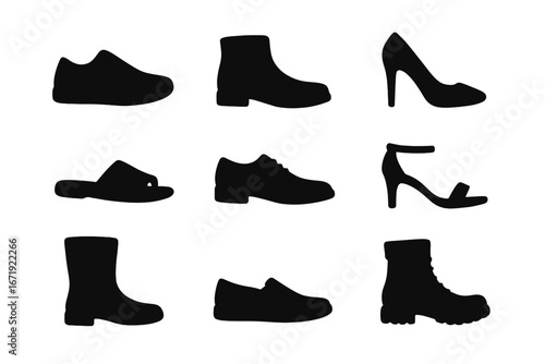 Footwear Silhouette Icon Set - Shoes, Boots, Heels, Sandals Vector Collection, Cartoon Style Transparent Background, Fashion and Style Essentials, Ordered Set 3
