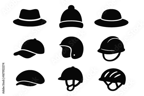 Headwear silhouette vector icon collection. Fashion hats and sports or safety helmets. Set includes fedora, cap, beanie, hard hat, bicycle, motorcycle, and equestrian helmets.