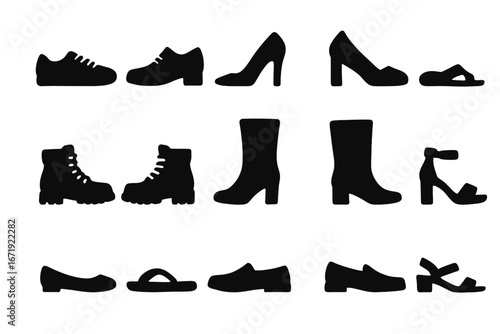 Footwear silhouette icon set with shoes, boots, heels, and sandals. Vector cartoon illustration collection with transparent background. Ordered shoe style silhouettes for design.