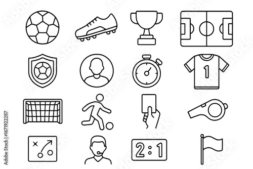 Soccer line icon set, football sports symbols in outline style, vector cartoon illustration with transparent background, ordered collection of soccer game equipment and referee icons