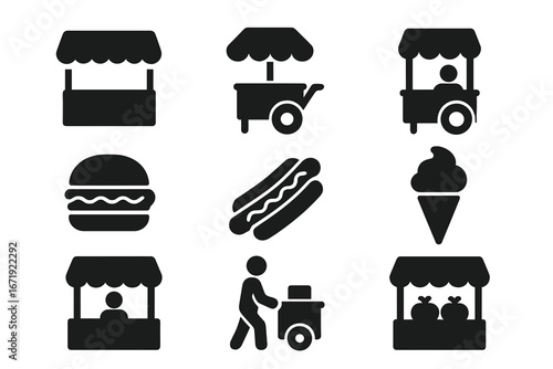 Solid black food and street vendor icon set featuring market stalls, carts, and popular food items like burgers, hot dogs, and ice cream in silhouette vector cartoon style with transparent background